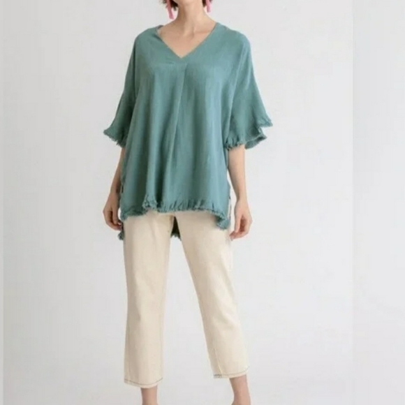 Umgee Blue Linen Blend Tunic Top Sz Small NWOT - Picture 1 of 7